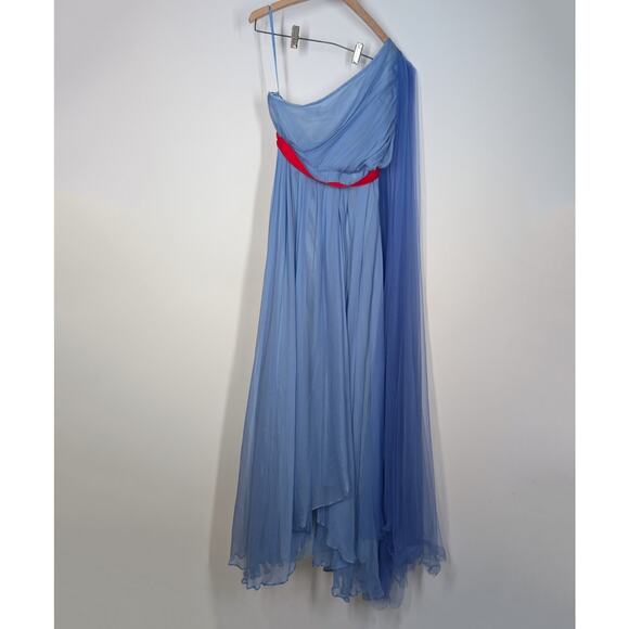 Talbot Runhof Grecian Blue One Shoulder Draped Gown Floral Embellishments Sz 12 - Picture 4 of 15